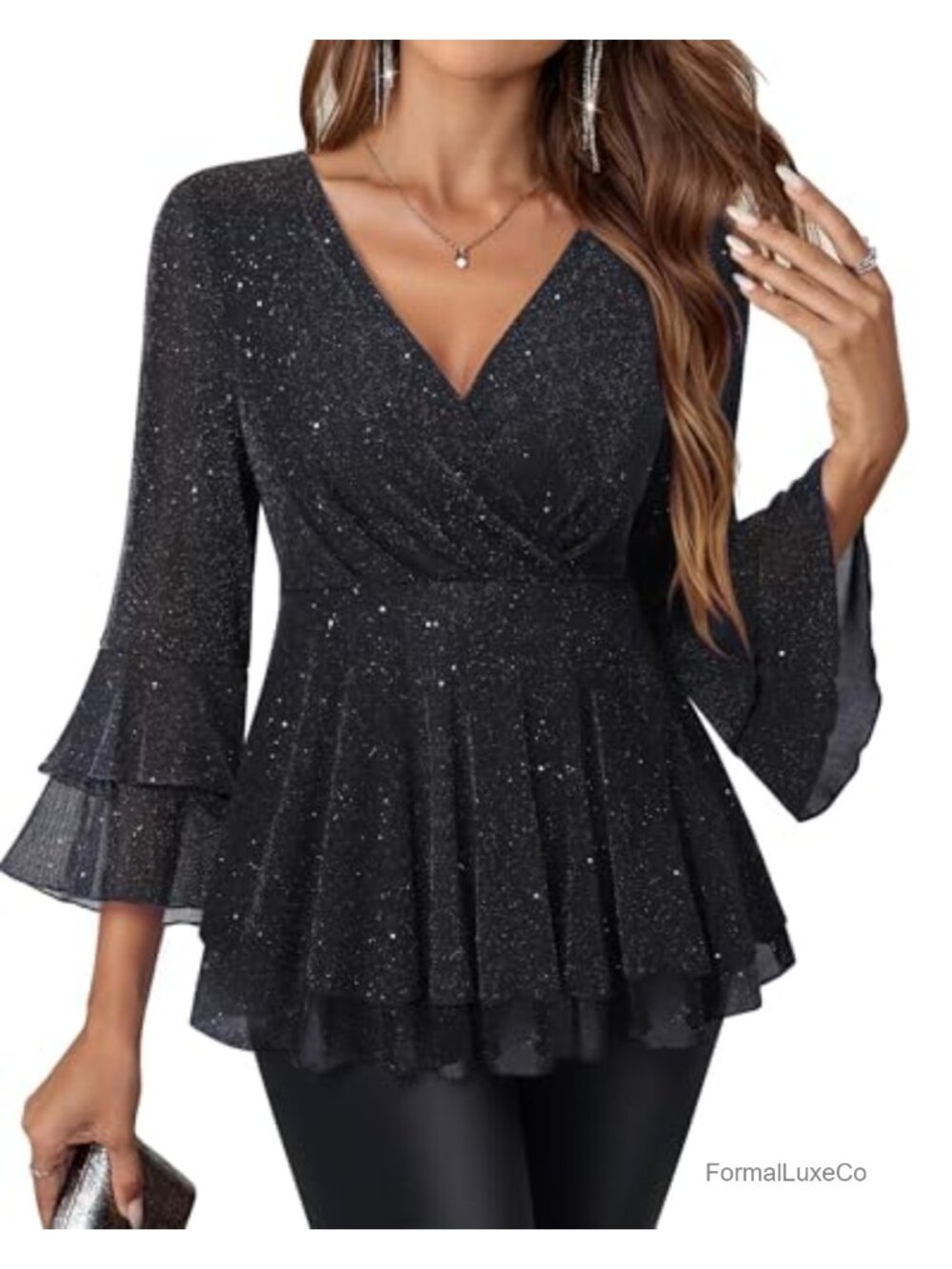 Women's Sparkly Mesh Peplum Blouse Ruffle 3/4 Sleeve Dressy Wrap Top